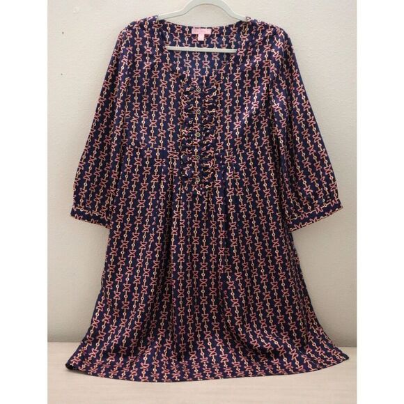 Lilly Pulitzer Women Sz 8 Navy Abelina Lil Bit Print Silk Fit & Flare Dress - Picture 3 of 12